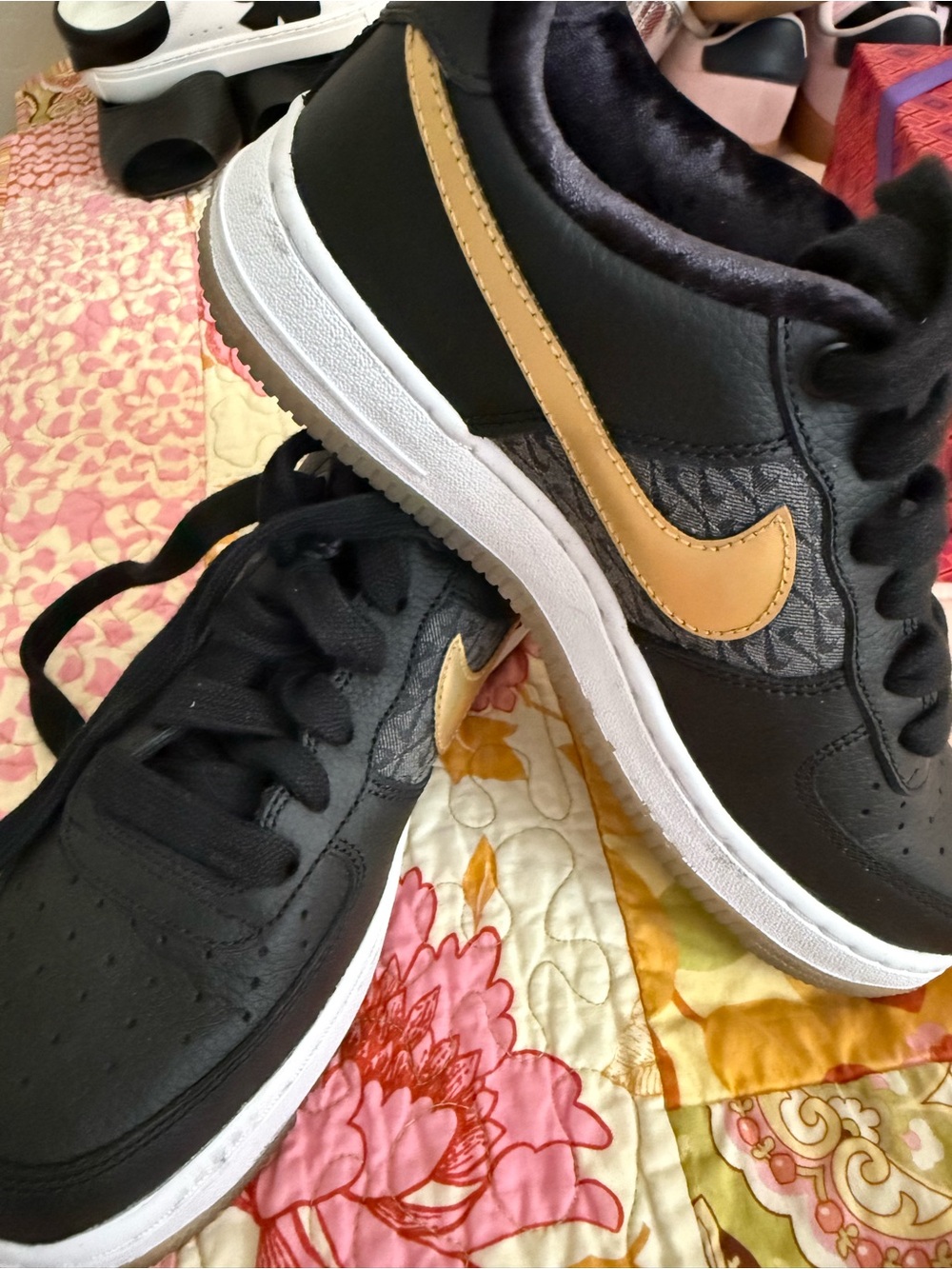 Nike AirForce 1 Kids Black Sneakers with Gold Swoosh